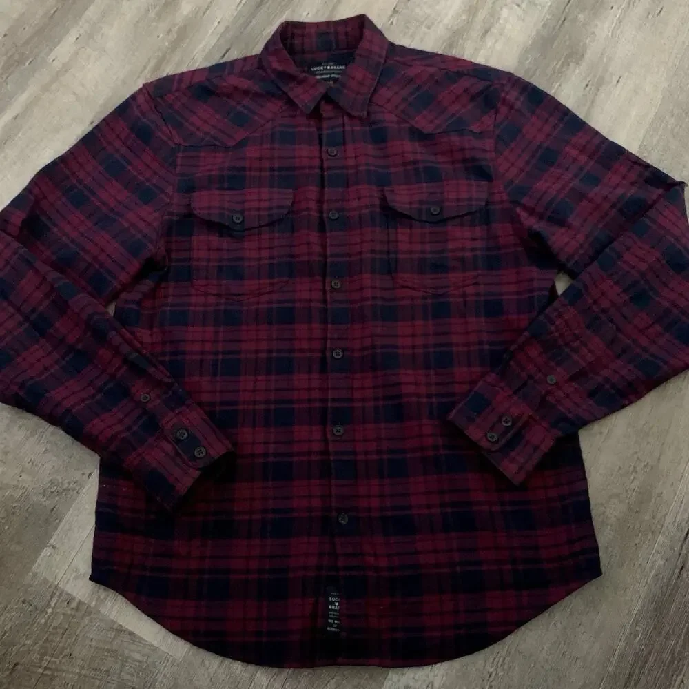 LUCKY Brand Saturday Stretch Shirt Mens Medium Plaid Classic Long Sleeve Pockets